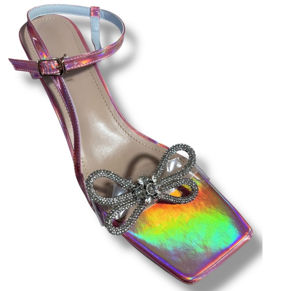 NIB Iridescent Rhinestone Bow Square Toe Block Heels Ankle Strap Sandal W 11.5